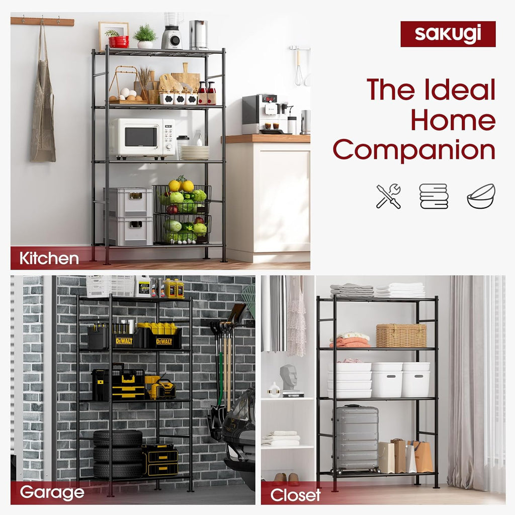 Sakugi Storage Shelves - Heavy Duty 4-Tier Shelf Organizer for Garage, Pantry & Closet | 33" W x 12.6" D x 57.2" H, Black