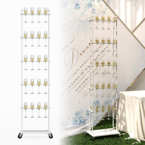 lukar Champagne Wall,Champagne Wall Holder for Party,5-Tier Metal Champagne Wall Stand with Wheels,40 Wine Glass Stand for Wedding,Party,Celebration(White)