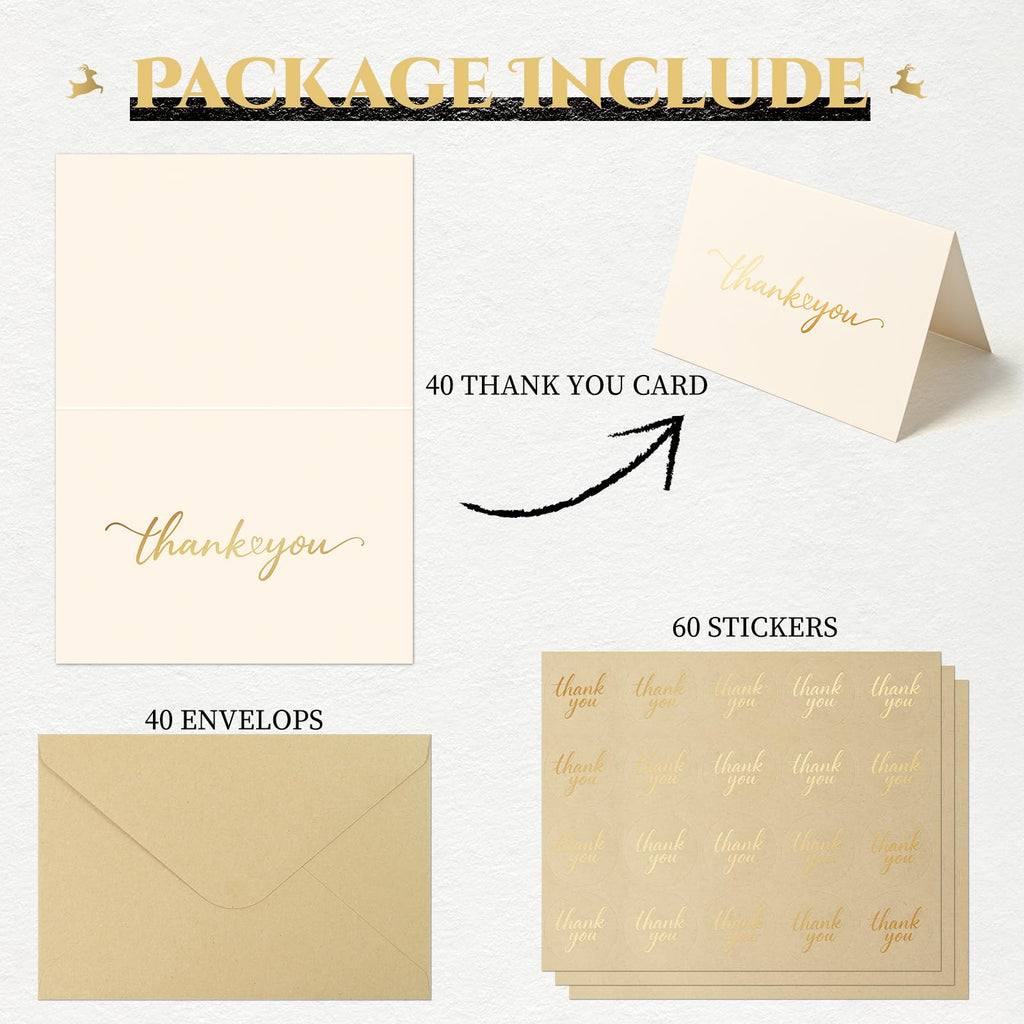 JIXZEN 40 Pack Gilding Thank You Cards with Envelopes & Matching Stickers, Thank You Notes for Wedding, Business, Baby Shower, Small Business, Graduation
