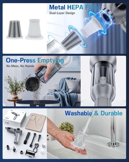 houscly Handheld Car Vacuum Portable Cordless 25000Pa High Power Small Mini Hand Vacuum Rechargeable 4-in-1 Wireless Handheld Vac for Car Office Desktop Home Cleaning Ideal Gifts for Men & Women