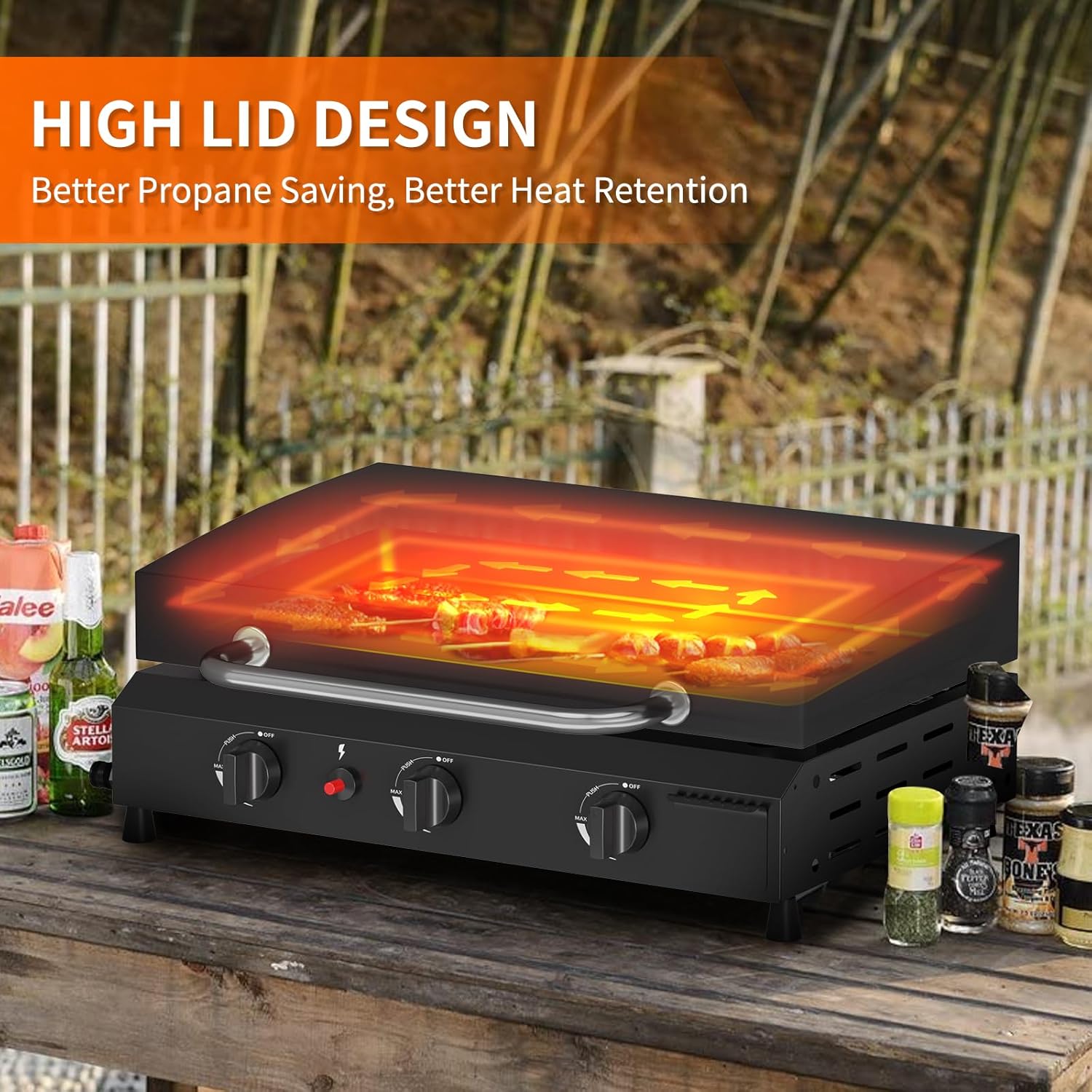 SKOK Gas Griddle - 23.3 Inch Portable Flat Top Grill with Hood for Camping & Tailgating | 45,000 BTU, 3 Burners