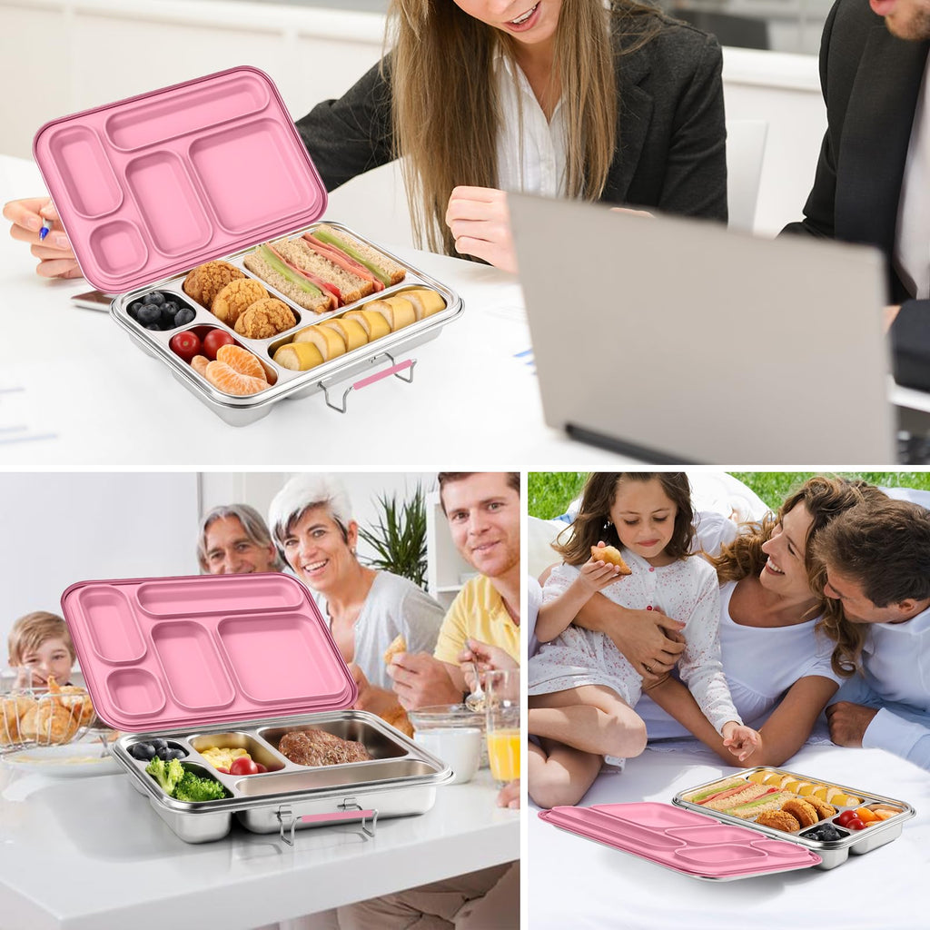 TOURPOR Stainless Steel Bento Box for Adults & Kids, 5-Compartment Lunch Box with 2 Sauce Containers, BPA-Free Bento Lunch Container, Dishwasher Safe, School & Work Meal Prep Lunch Container (Pink)