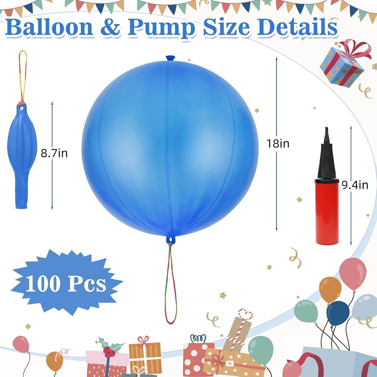 Skiennix Punch Balloons - Heavy Duty Party Favors with Rubber Band Handle & Air Pump | 100 Pcs Blue