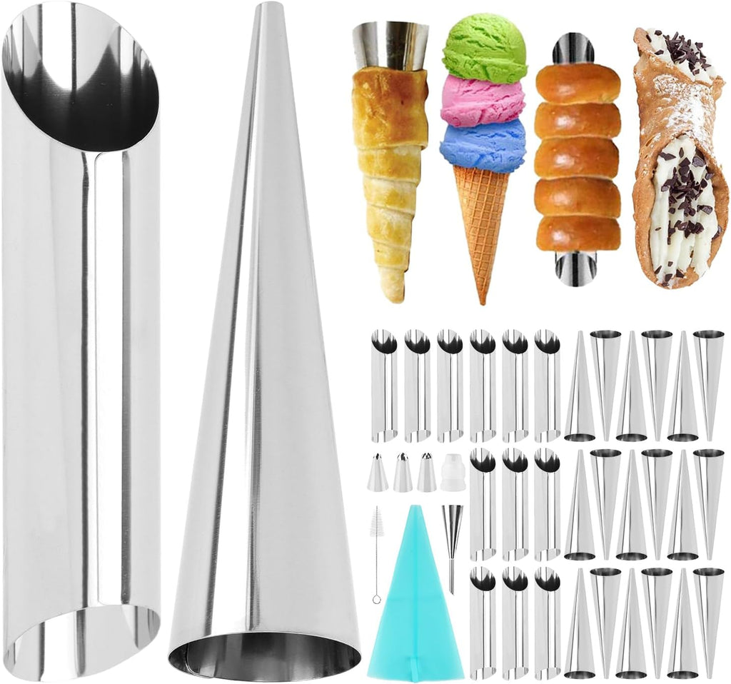Skiennix Cream Horn Mold Kit - 35 Non-Stick Stainless Steel Conical Tubes for Danish Pastry | Silver