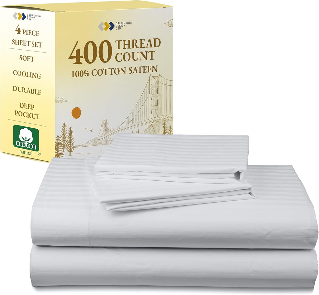California Design Den King Sheet Set - 100% Soft Cotton, 400 TC, Silky Smooth Sateen, Deep Pockets - Striped White