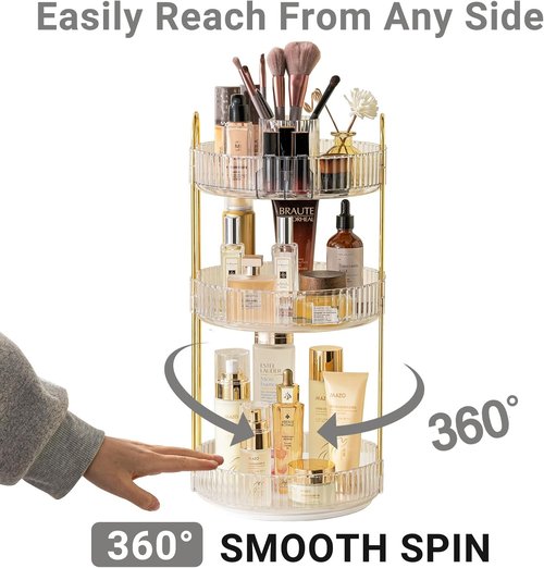 Asayuee 360 Rotating Makeup Organizer - Large 3-Tier Storage for Skincare & Cosmetics | Clear