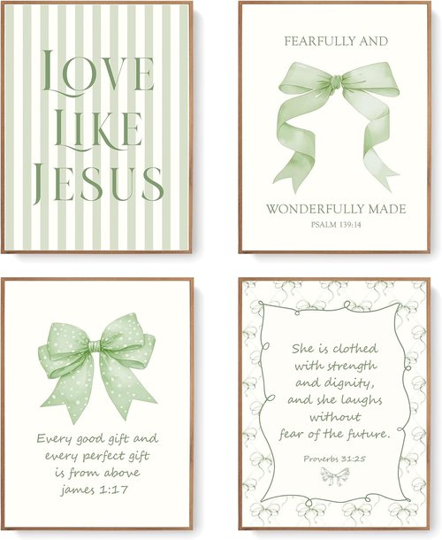 LARTSFRO Coquette Wall Art Decor - Sage Green Bow Posters with Inspirational Bible Verses | 12x16 Inch Set of 4 Unframed