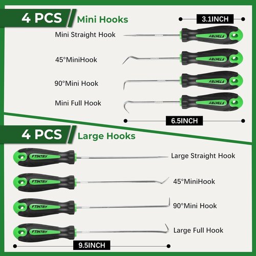 FTIHTRY Precision Automotive Hook Set - 8PCS Mini Pick and Pull Tools for Oil Seal/O-Ring Removal | Green