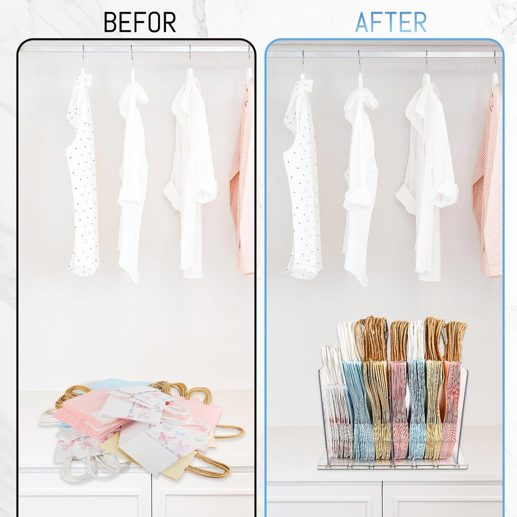 Skiennix Gift Bag Storage Organizer - Acrylic Reusable Grocery Bag Holder with Adjustable Shelf Divider | 4-Partition Design for Small Closets