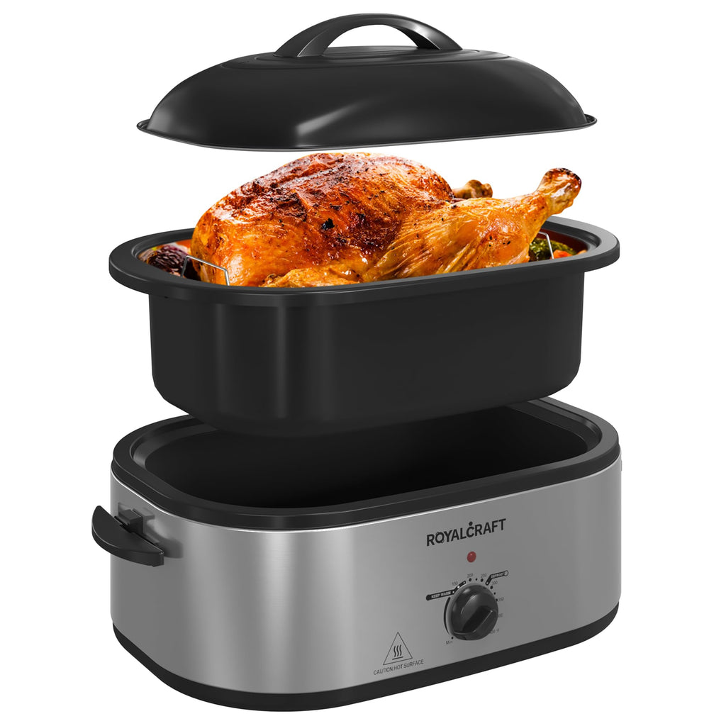 Royalcraft Roaster Oven with Self-Basting Lid, 18qt Electric Roaster with Removable Pan & Rack, Turkey Roaster Oven with Defrost & Warm Function, Stainless Steel, Silver