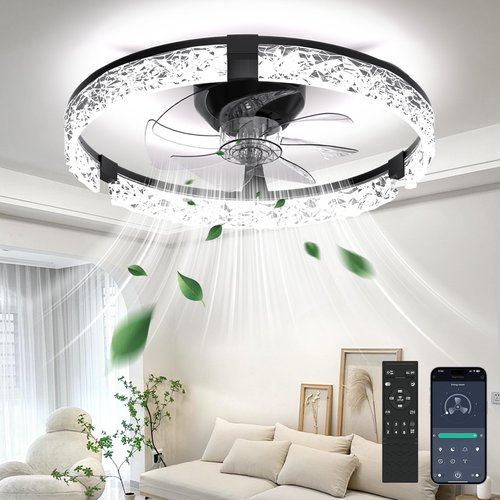 Aphyni Ceiling Fans with Lights and Remote, Crystal-Edged Modern Flush Mount LED Fan Light, 6 Wind Speeds Low Profile Fandelier Ceiling Fan with Light for Bedroom, 3000-6500K Dimmable (19.7" Black)