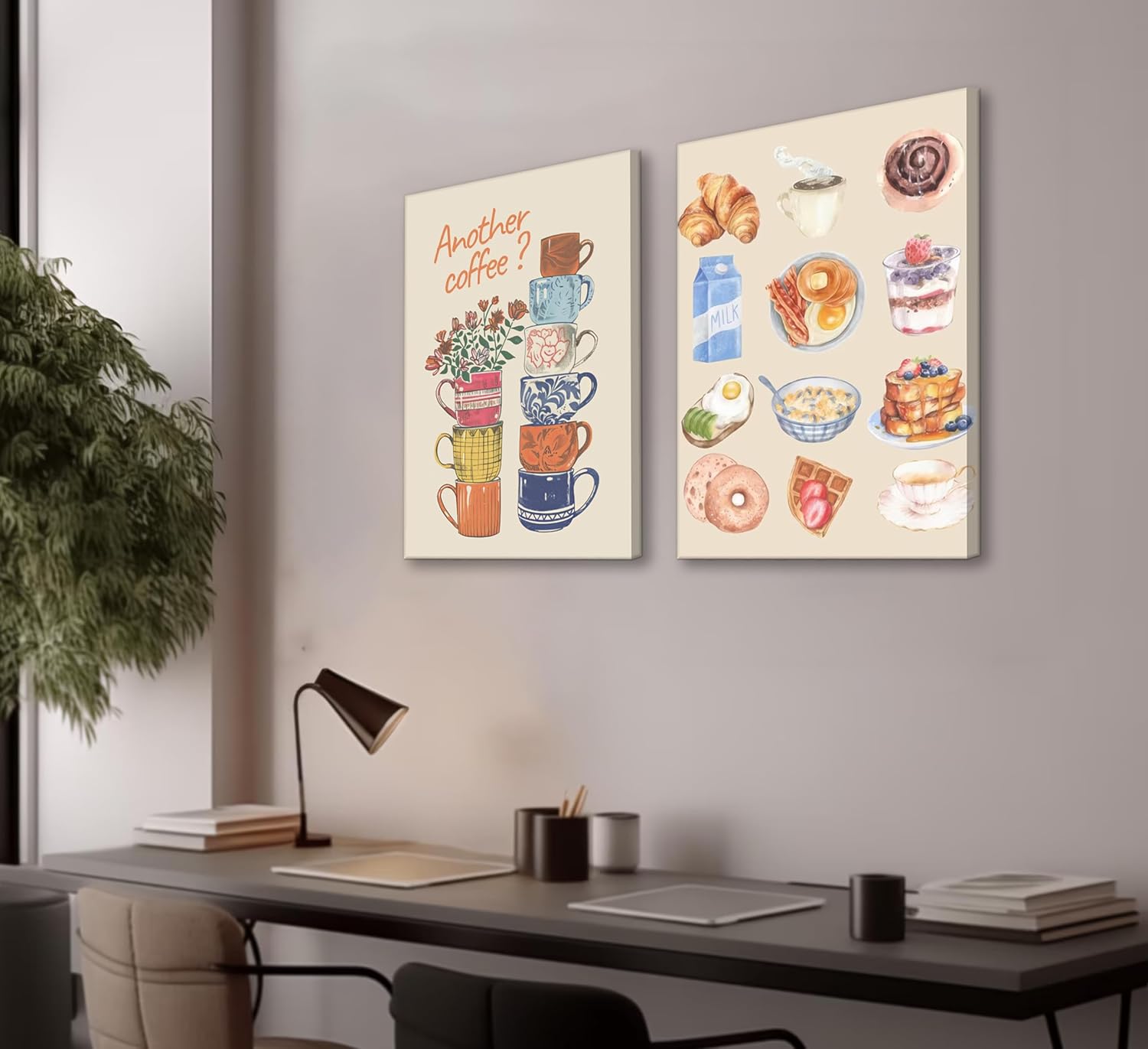 Skiennix Modern Coffee Canvas Wall Art - Colorful Croissant & Flower Poster Print for Dining Room Decor