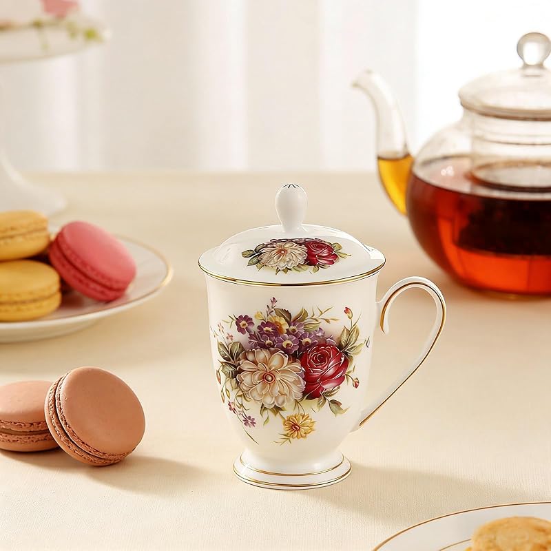 Floral 10oz Ceramic Mug with Gold Rim & Lid - Fine Bone China Tea Cup
