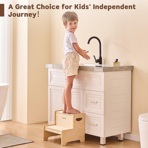 Bateso Step Stool for Kids, Wooden Toddler Step Stool with Non-Slip Mats for Bathroom Sink and Kitchen, Potty Training Stool with Handles for Toilet