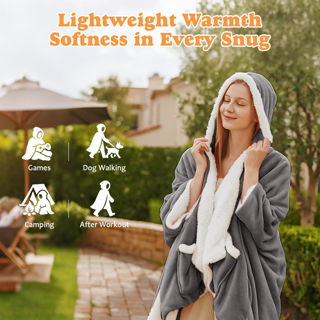 ACCU-WARMTH Wearable Heated Blanket - Warm Up Electric Blanket Hoodie with 6 Heat Levels, Snuggies for Women, 50"x70", London Grey