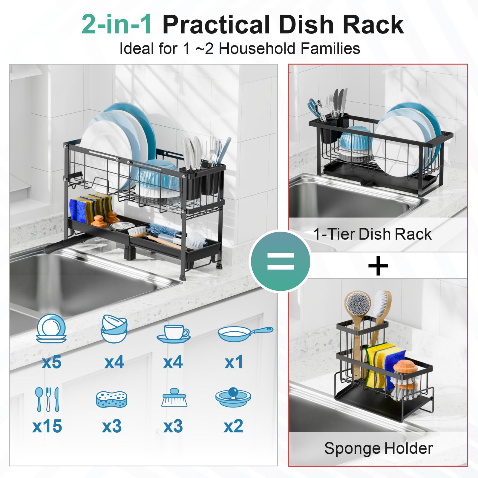 GSlife Narrow Dish Drying Rack, 2 Tier Small Dish Drainer for Kitchen Counter, Expandable Compact Dish Rack with Utensil Holder for RV/1-2 People, 15.7''-20.7''L x 7" D x 12.6" H, Black
