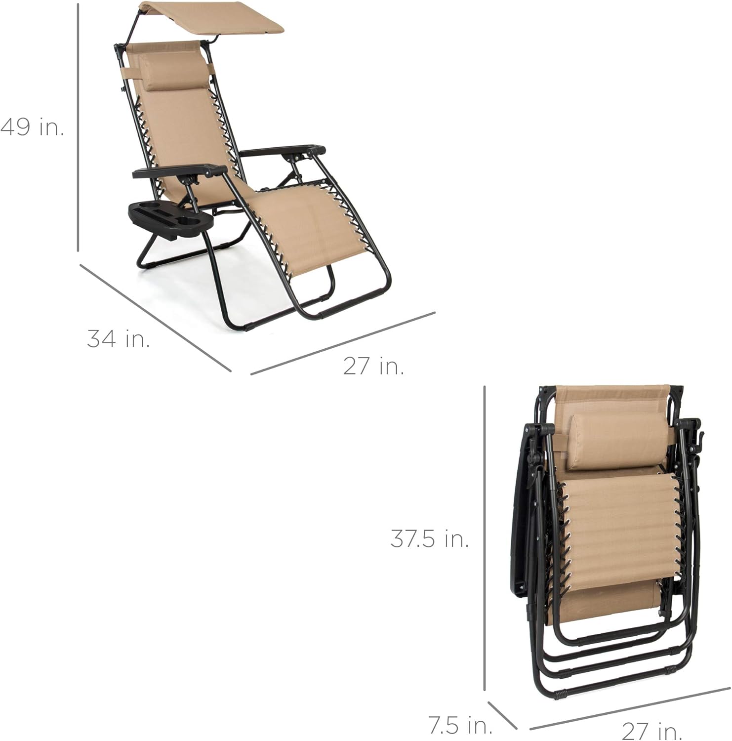 Best Choice Products Folding Zero Gravity Recliner Chair - Adjustable Canopy, Headrest & Side Tray - Beige