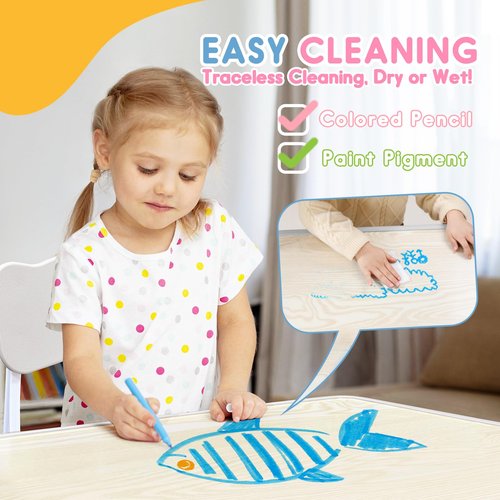 JIAOQIU Kids Table & Chair Set with Adjustable Toddler-Safe Non-Slip Legs, Activity & Graffiti-Proof Desktop Ages 3-12