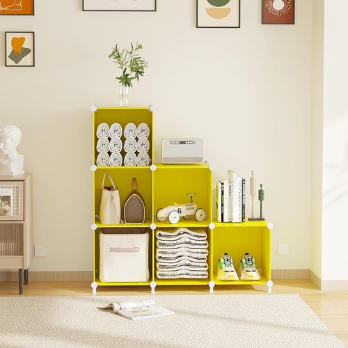 AWTATOS Cube Storage Organizer - 6-Cube DIY Stackable Bookshelf for Bedroom & Home - Yellow