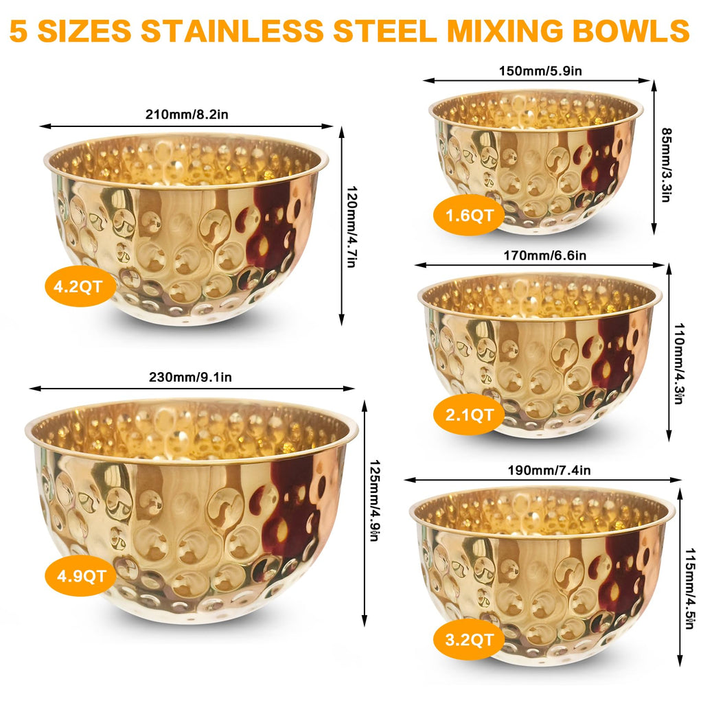 YEJZXY Stainless Steel Mixing Bowls Set, 5PCS Gold Hammered Bowls, 4.9/4.2/3.2/2.1/1.6QT Mixing Bowls for Kitchen, Nesting Design Serving Bowls