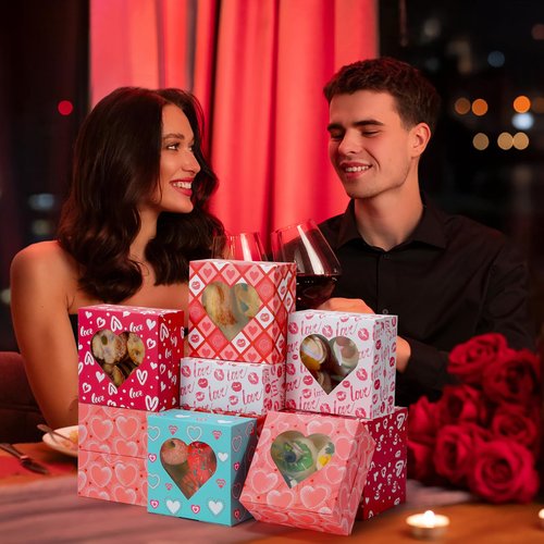 FUQUUON 30 Pack Valentine’s Day Bakery Cookie Boxes, 6" x 6" x 3" Valentines Treat Boxes with Heart Window, Candy Box for Holiday Pastries, Brownies, Chocolates, Cupcakes, Truffles Gift Giving
