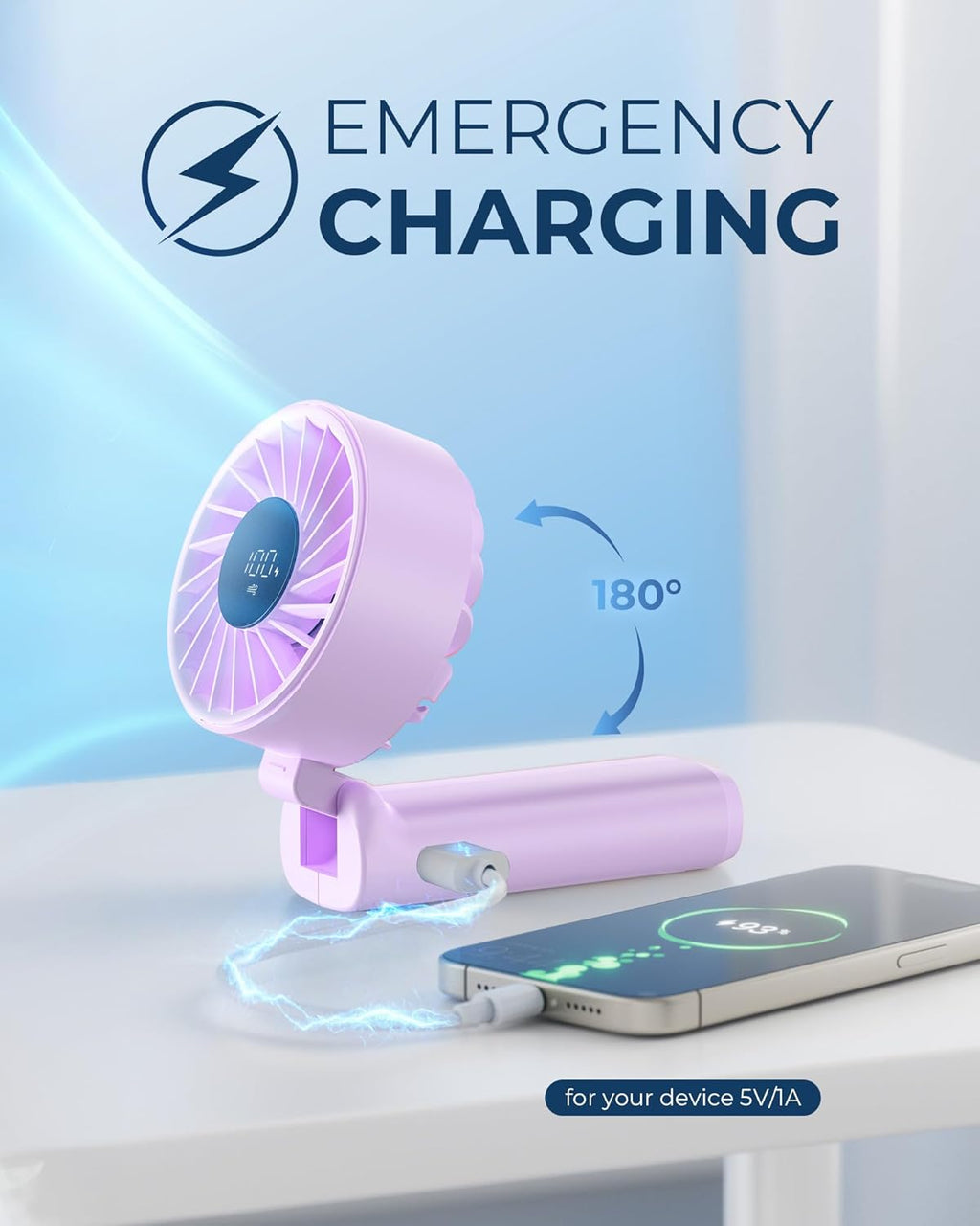 Peiyuu Portable Fan - 4000mAh USB Rechargeable Mini Desk Fan with 6 Wind Speeds & LCD Display | Ultra Quiet, Foldable Design
