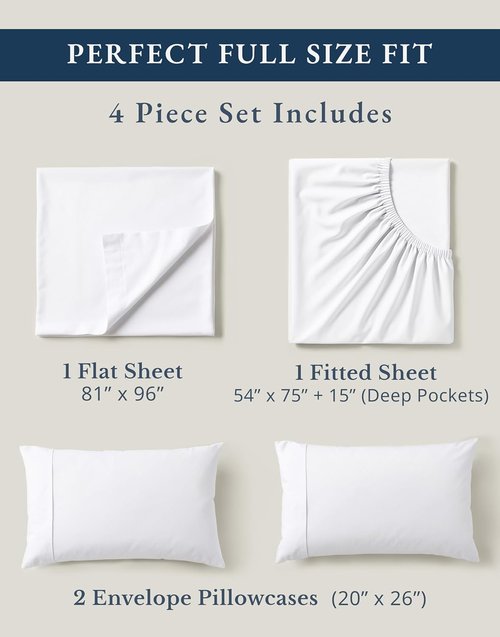 Lane Linen 100% Organic Mercerized Cotton Full Bed Sheet Set - Soft, Comfy, Oeko-Tex Certified, White, 15" Deep Pocket