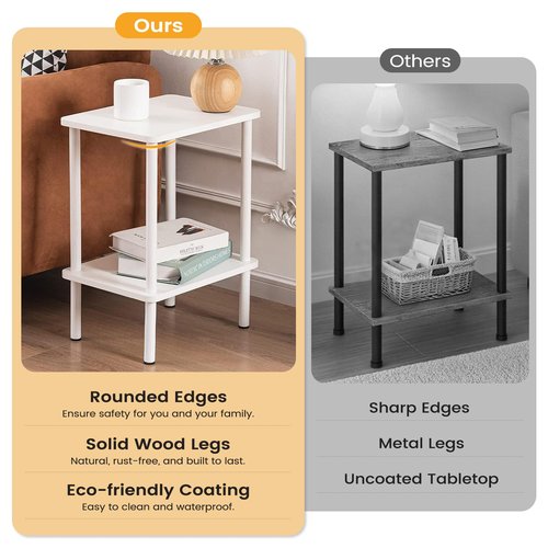 Apicizon 2 Tier End Table, Small Side Table with Solid Wood Legs, Boho Bedside Table with Storage Shelf, Nightstand for Small Spaces, Bedroom, Living Room, Entryway, Farmhouse, Easy Assembly, White