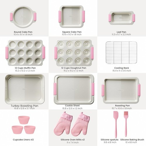 Kikcoin 25 PCS Non-Stick Baking Pans Set - Heavy-Duty Silicone Handles | Oven Safe to 450°F, Pink