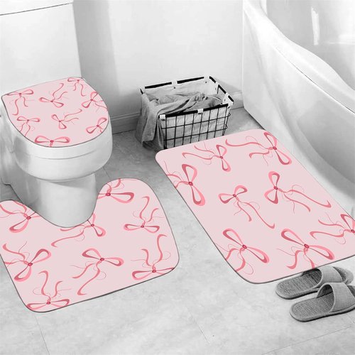 AZHM Pink Bow Shower Curtain Set - Cute Aesthetic Bathroom Decor with 12 Hooks | 4-Piece Set