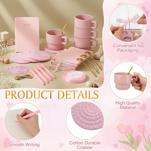 Yiyiring 43 Pcs Baby Shower Game Prizes for Game Winners Baby Shower Gifts Including Ceramic Mugs with Spoons Woven Coasters and Notebook Pen Gift Bags Thank You Card for Wedding Bridal Favors (Pink)