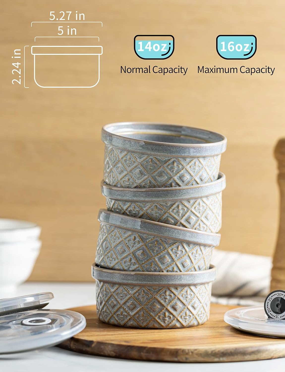 Skiennix 16 oz Ramekins with Lids - Oven Safe Ceramic Bowls for Crème Brûlée & Soufflé | Set of 4, Gray