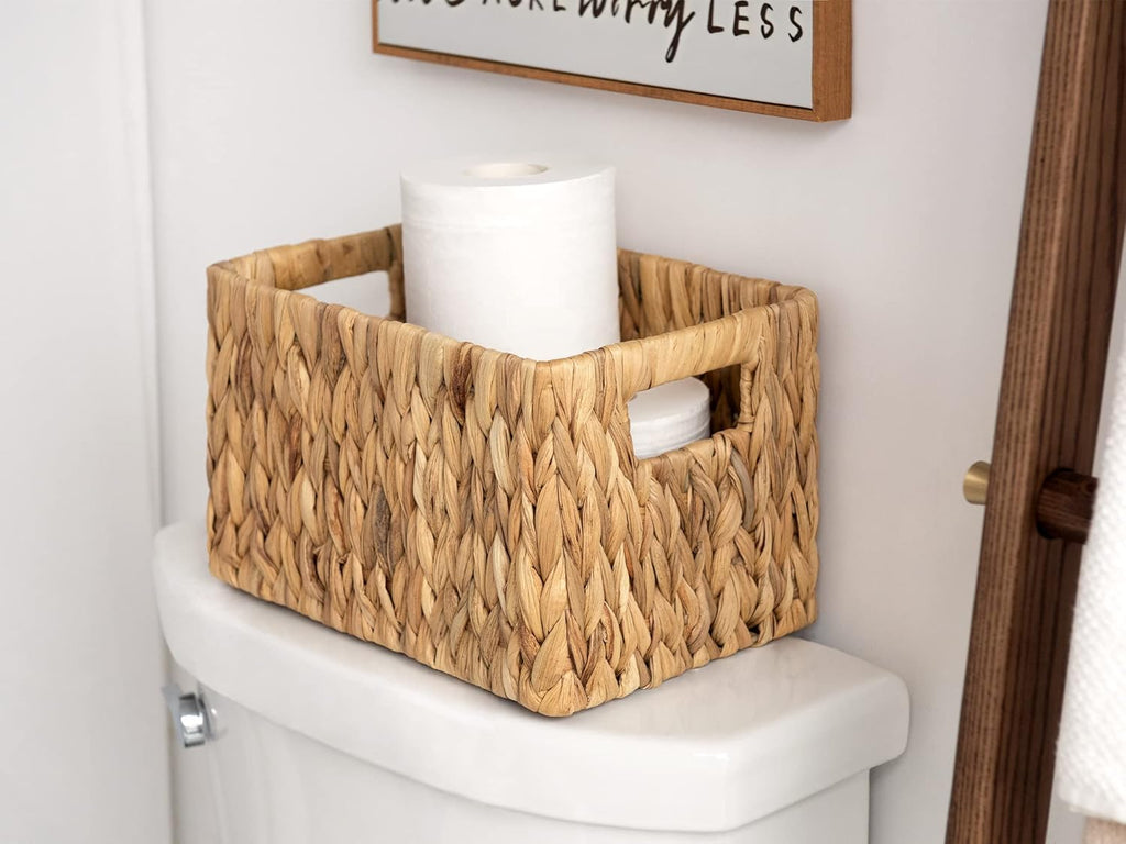 StorageWorks Wicker Baskets - Handwoven Water Hyacinth with Built-in Handles for Bathroom Organization | Medium & Small, 2 Pack