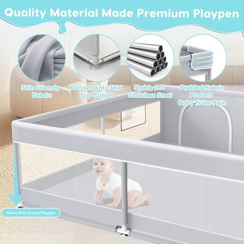 Fshibila Baby Playpen - 50x50 Inch Sturdy Safety Playard for Indoor & Outdoor Use | Soft Mesh, Grey