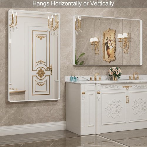 LOAAO Bathroom Mirror - 60x28 Inch White Metal Framed Rounded Rectangle | Anti-Rust Tempered Glass, Versatile Hanging Options