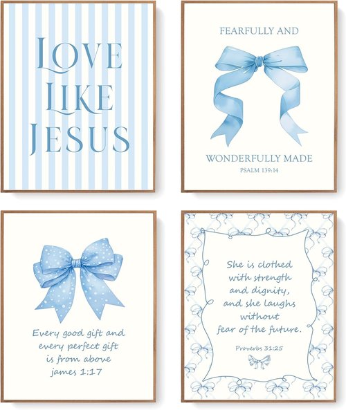 LARTSFRO Coquette Blue Bow Wall Art Decor - Inspirational Christian Posters for Teen Girls | 12x16 Inch Set of 4 Unframed