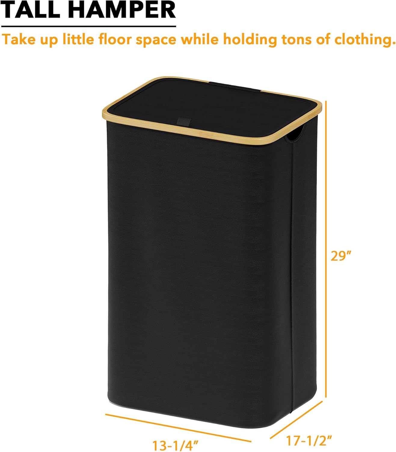SpaceAid Laundry Hamper - 110L Tall Collapsible Basket with Lid & Bamboo Handles | Black