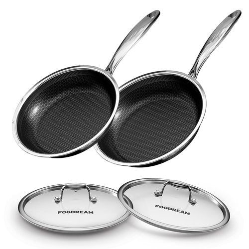 FogDream Non Stick Frying Pans Set, 10 & 11 Inch Stainless Steel Pans with Lids Tri-Ply Stainless Steel Pots and Pans Set for All Cooktops, Dishwasher & Oven-Safe Cooking Pan, Stay-Cool Handle, Silver