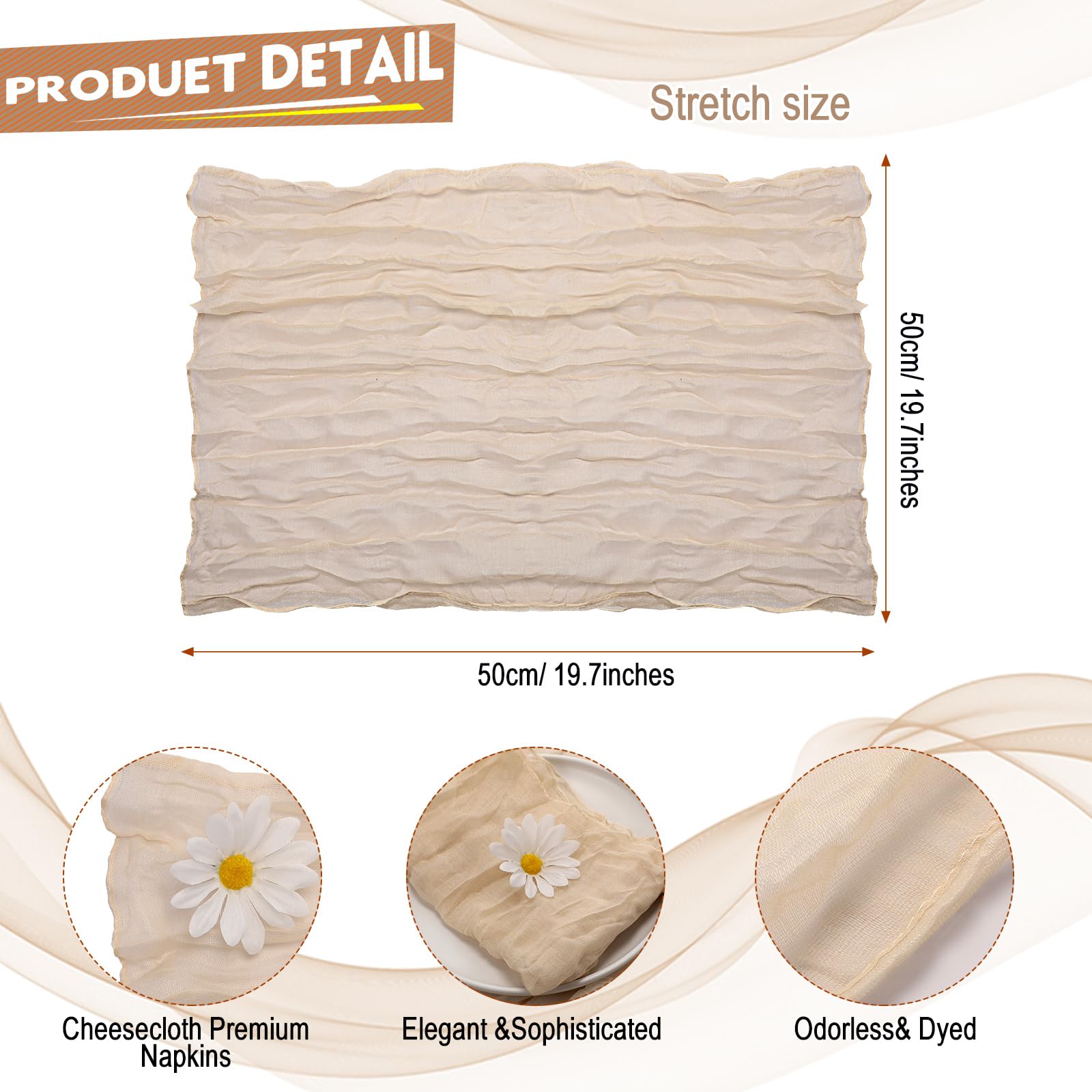 Mixweer 100 Pieces Gauze Cheesecloth Napkins 19.7 x 19.7 Inch with Wrinkled Decorative for Home Wedding Baby Shower Rustic Table Decoration(Beige)