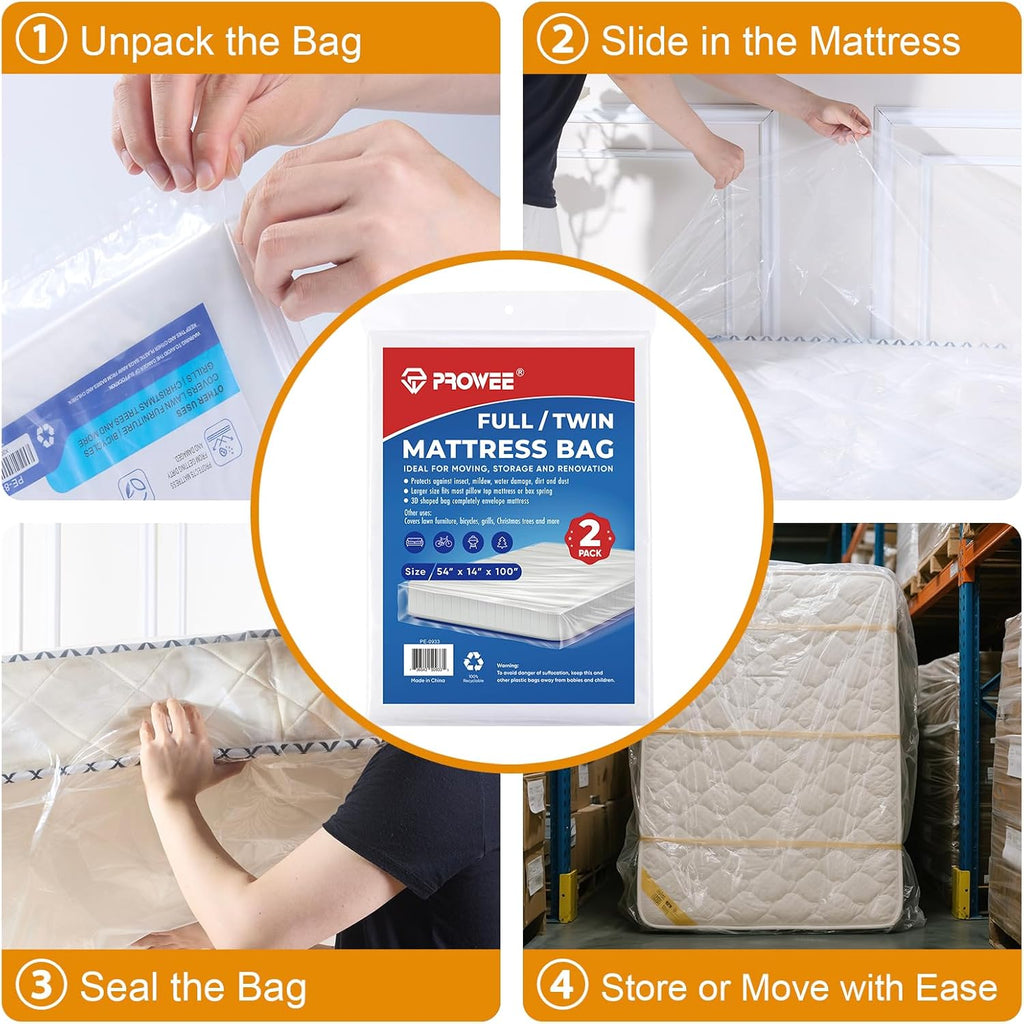 Skiennix Twin/Full Mattress Bags - Waterproof Plastic Covers for Moving & Storage | 2-Pack
