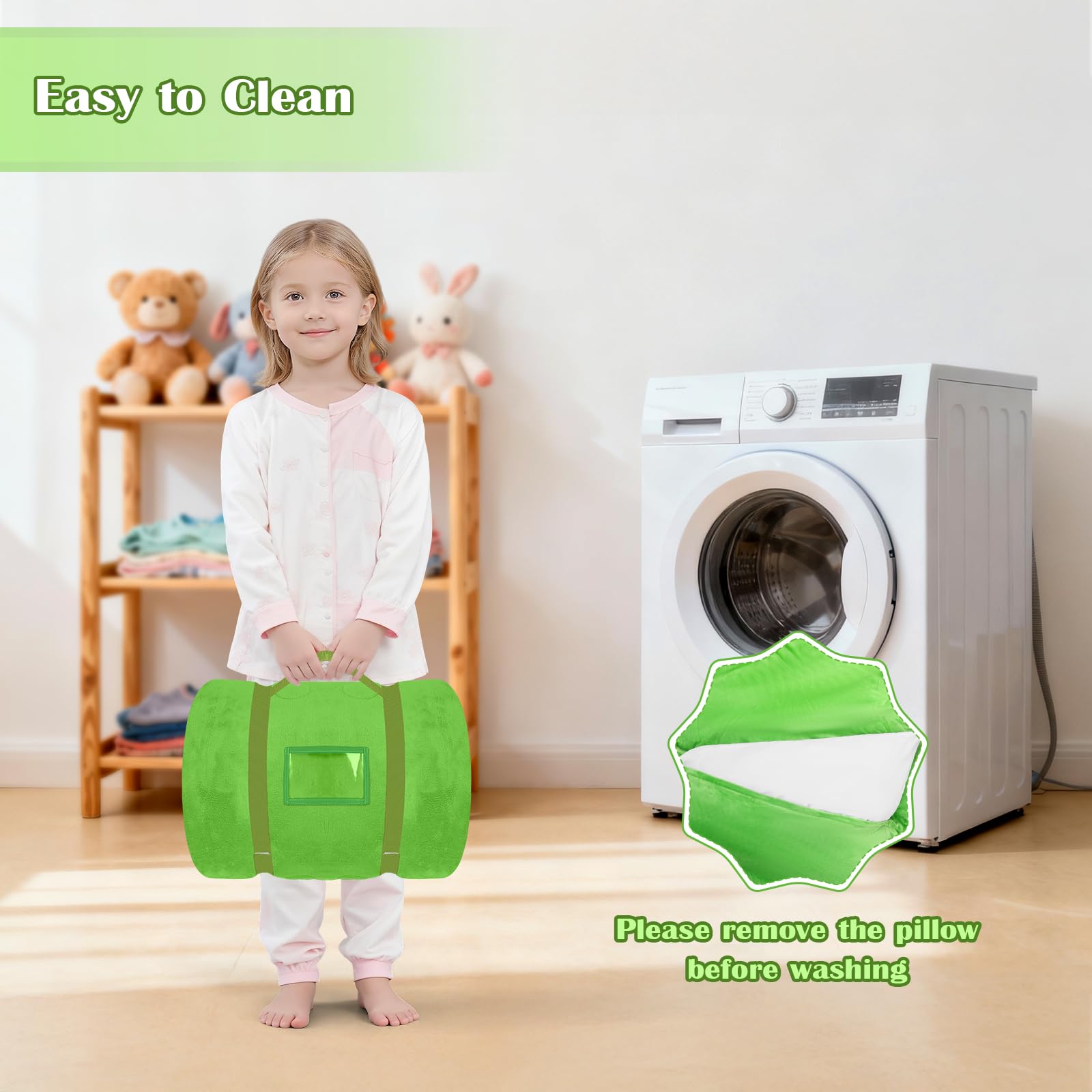 Toddler Nap Mat,Crocodile Kids Sleeping Bag 67‘’×27‘’,Extra Large Slumber Bag Thick with Removable Pillow for Girls Boys,Soft Plush Roll Up Sleeping Mat Lightweight for Preschool,Daycare,Travel,Green