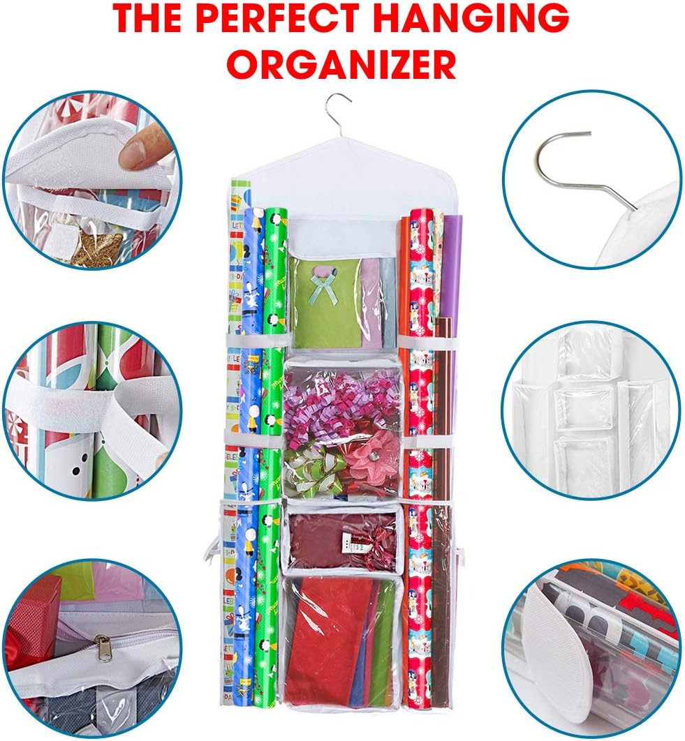 Primode Wrapping Paper Storage - Over The Door Gift Wrap Organizer with Double-Sided Pockets | 40”x17” (White)