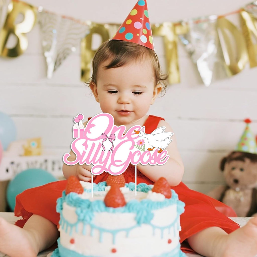 One Silly Goose Birthday Cake Topper - Fun Goose Theme Decorations for 1st Birthday | Cupcake Photo Props
