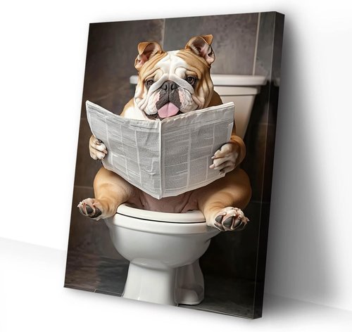 CCWACPP Bulldog Bathroom Wall Art - Funny Animal Canvas Print Reading Newspaper | Framed 12" x 18"