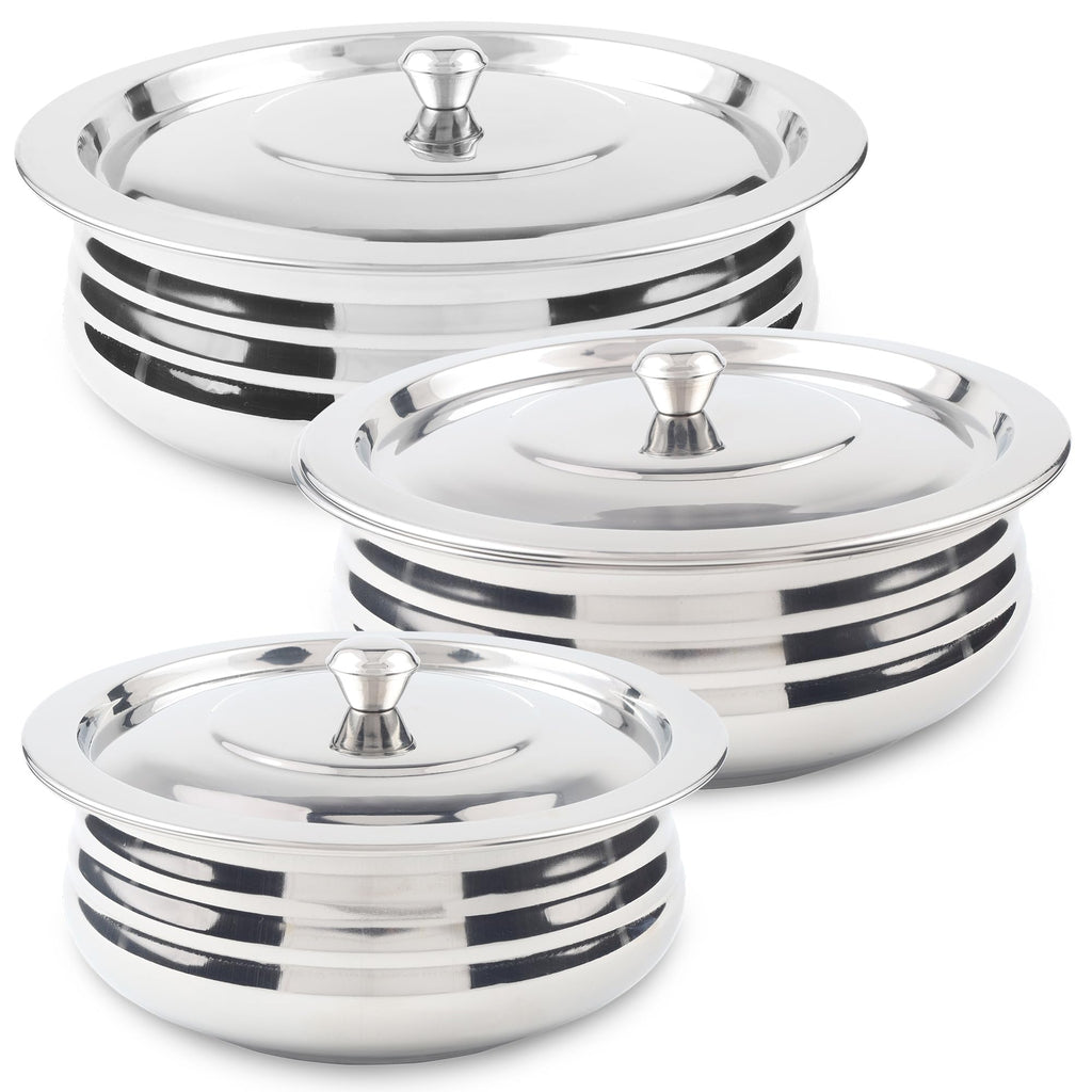 CRAFTONE Stainless Steel Heavy Duty Induction Cooking Pot Cook and Serve Handi With Lid Set of 3 pcs, Premium Steel Tope, Patila Handi for both cooking and serving (1.9 Qt, 2.4 Qt and 3.3 Quart)