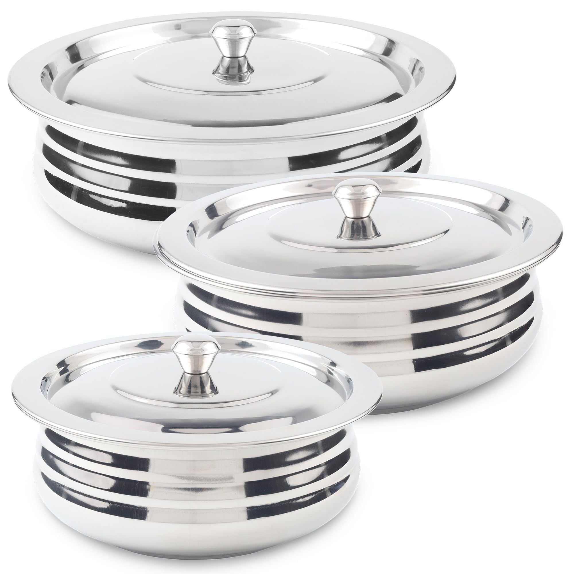 CRAFTONE Stainless Steel Heavy Duty Induction Cooking Pot Cook and Serve Handi With Lid Set of 3 pcs, Premium Steel Tope, Patila Handi for both cooking and serving (1.9 Qt, 2.4 Qt and 3.3 Quart)