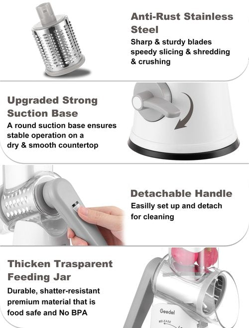 Geedel Rotary Cheese Grater Cheese Shredder with 5 Interchangeable Blades - Upgraded Rotary Grater Featuring Strong Suction Base for Cheese Shredding, Wavy Slicing, Nut Grinding, and Ice Shaving