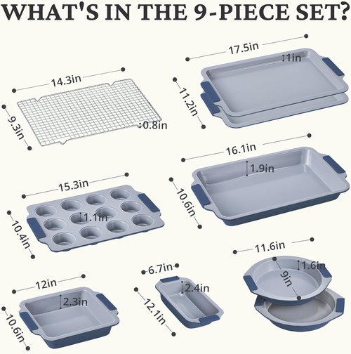BRONYPRO Nonstick Ceramic Bakeware Set - 9 Piece Heavy Duty Aluminized Steel Baking Pans | Silicone Handles, PTFE & PFOA Free - Blue