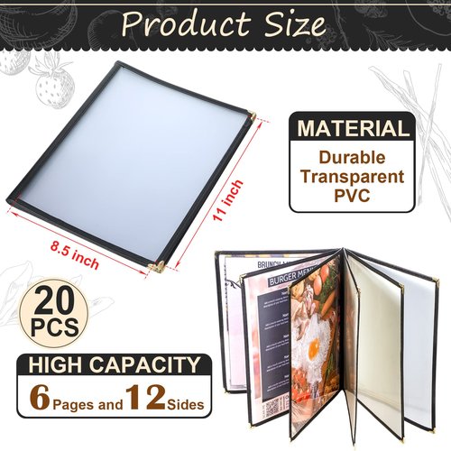 TaoBary 20 Pcs 8.5 x 11 Inch Menu Covers Fits A4 Size Paper Transparent Restaurant Menu Covers with Leatherette Trim and Decorative Metal Corner Bar Cafe Restaurant, Black