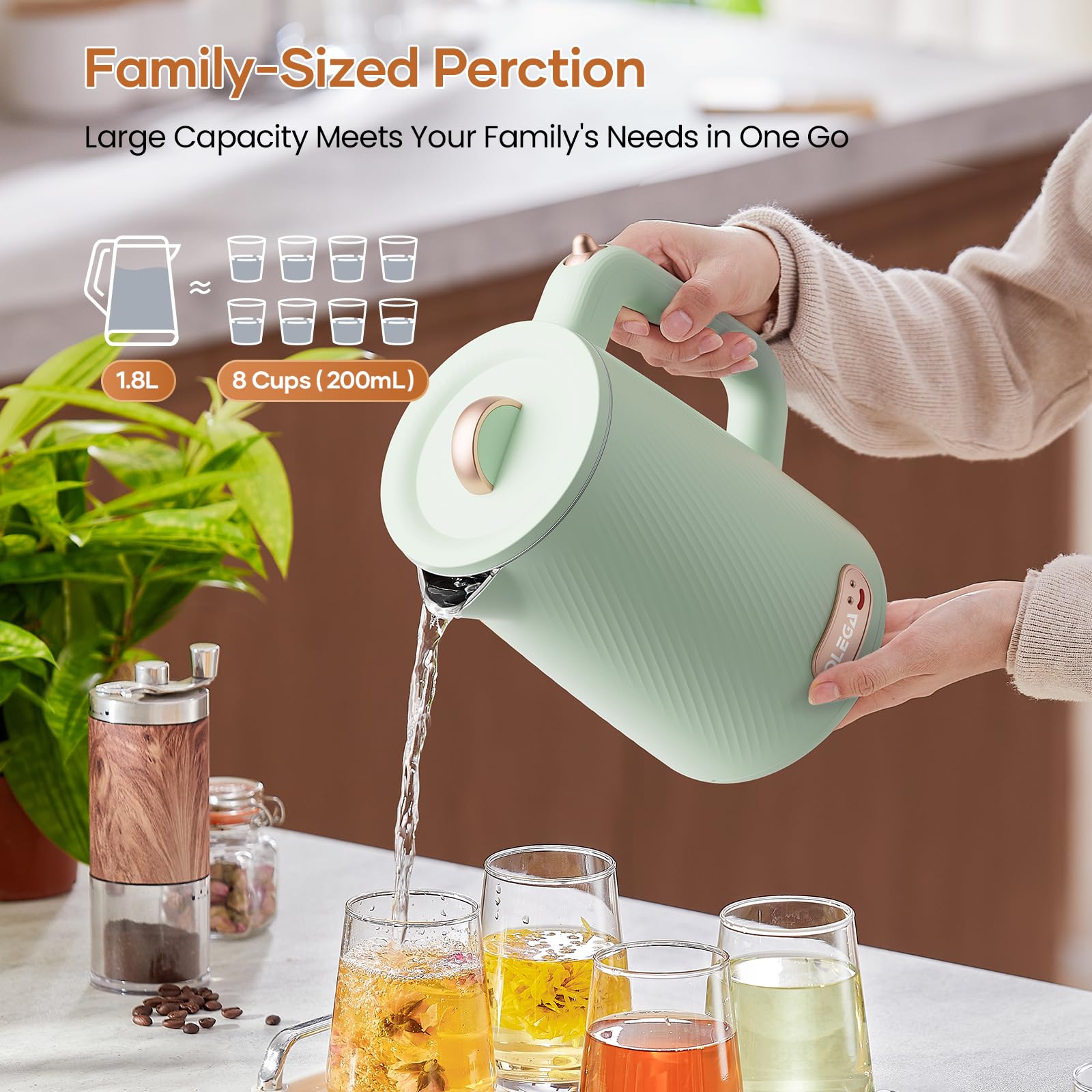 OLEGA Electric Kettle - 1500W Electric Tea Kettle 1.8L Stainless Steel Inner Electric Kettles for Boiling Water Auto Shut Off Boil-Dry Protection Electric Water Kettle for Coffee Tea Green